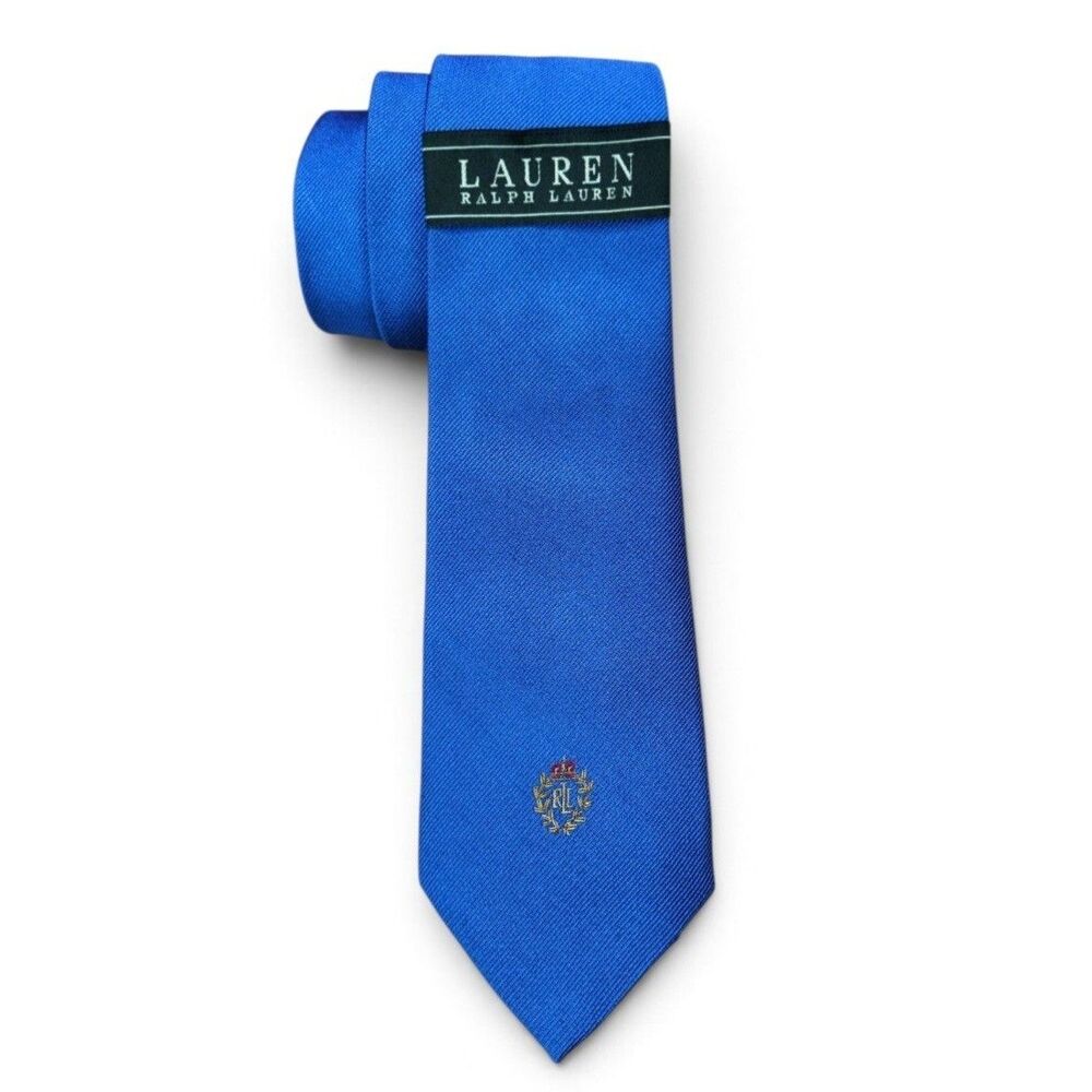NWT Vintage Lauren Ralph Lauren Tie Blue Silk Blend RL Crest Ivy League Preppy